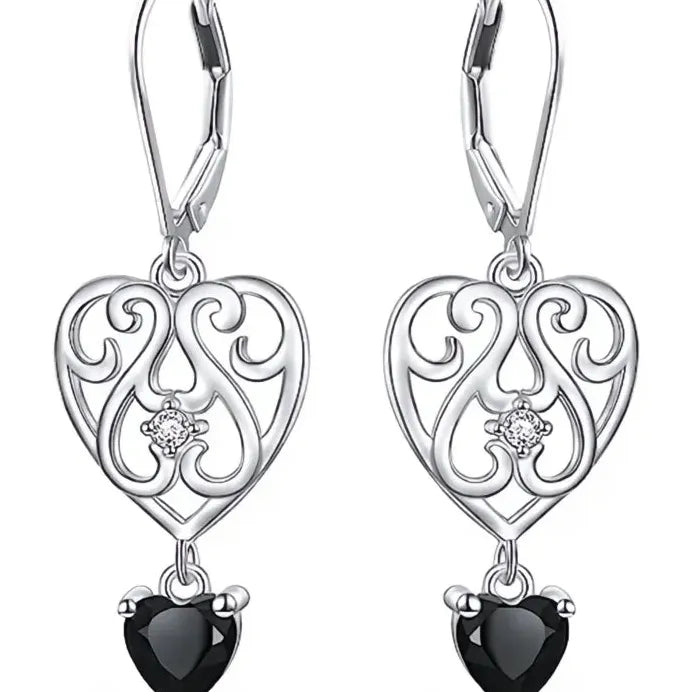 Hollow Heart Dangle Earrings with Black Cubic Zirconia Sparkle for Women