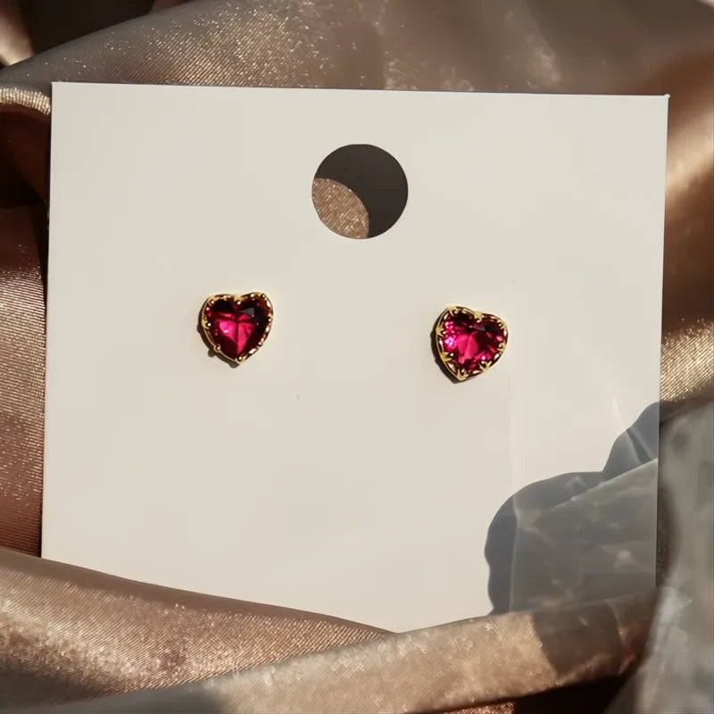 Charming Heart Red Cubic Zirconia Bridal Wedding Stud Earrings for Women
