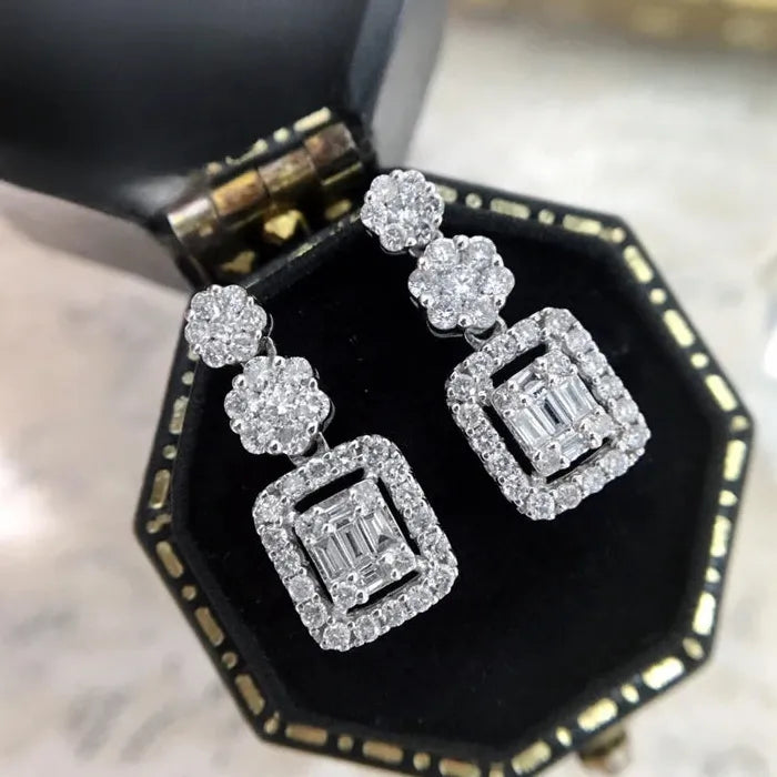Geometric Flower Hollow Silver Earrings with White Stone Party Pendant for Women