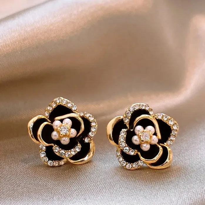 Dripping Zircon Pearl Flower Stud Earrings for Women Rhinestone Jewelry Gift