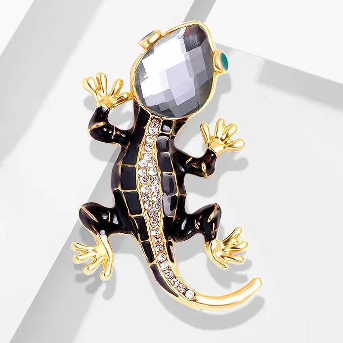 Black Enamel Lizard Brooch Pin with Rhinestones for Women Jewelry