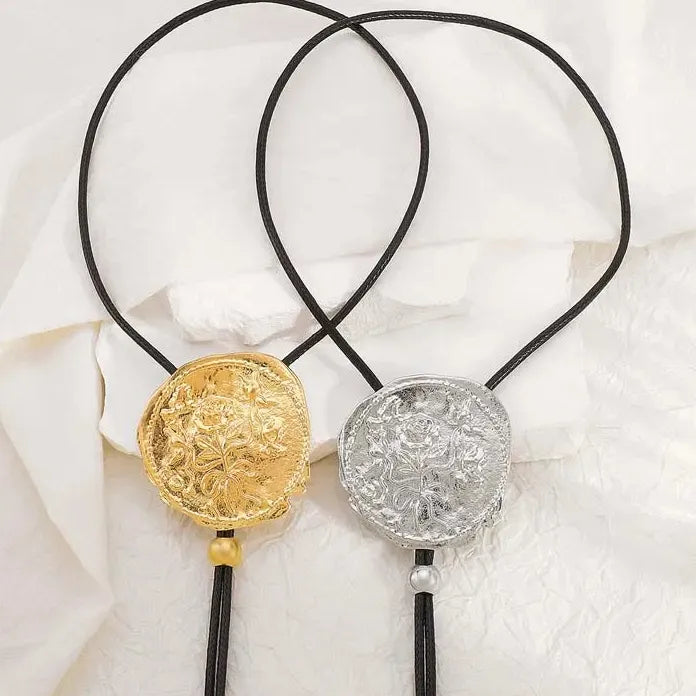 Vintage Geometric Round Pendant Necklace for Women Adjustable Black Leather Cord