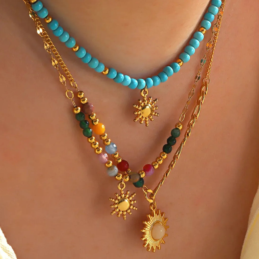Boho Handmade Pink Opal Beads Necklace Stainless Steel Sun Pendant Chain Jewelry