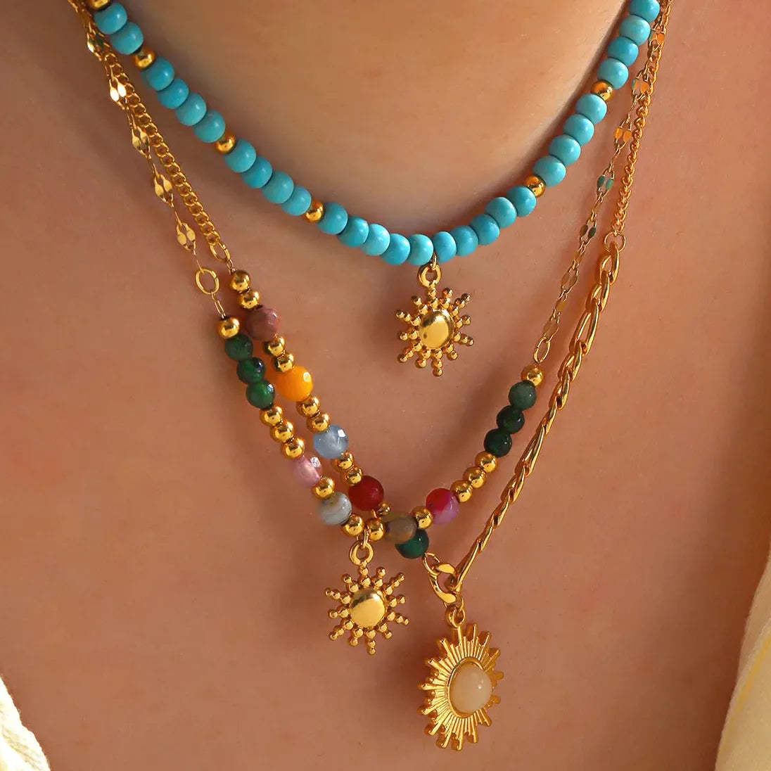 Boho Handmade Pink Opal Beads Necklace Stainless Steel Sun Pendant Chain Jewelry