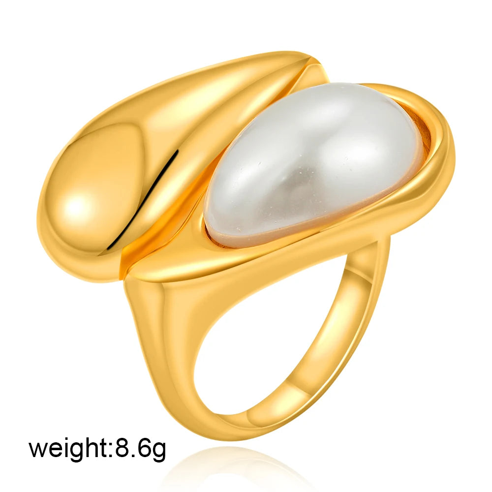Vintage Dome Teardrop Waterdrop Pearl Ring 18K Gold Plated Stainless Steel Women