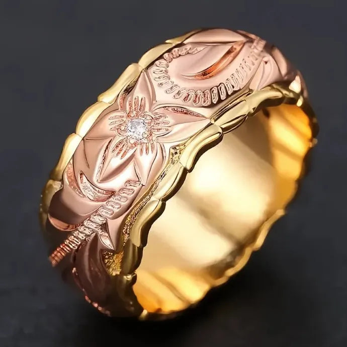 Two Tone CZ Flower Ring Brass Geometric Cocktail Party Jewelry Elegant