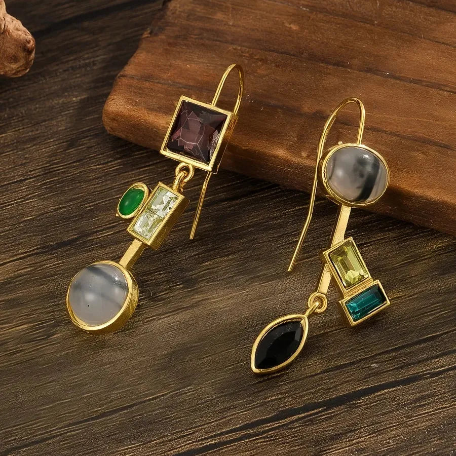 Gold Geometric Drop Earrings with Natural Stone Inlay Bridal Wedding Jewelry Gifts