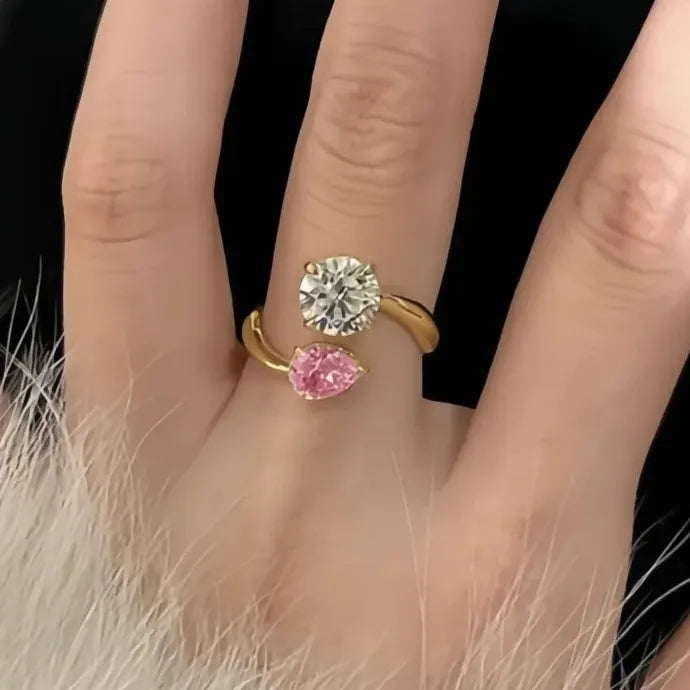 Elegant Open Cocktail Ring with Pink & White Cubic Zirconia Brass Jewelry