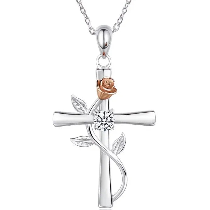 Rose Flower Cross Pendant Necklace Bridal Wedding Jewelry for Women