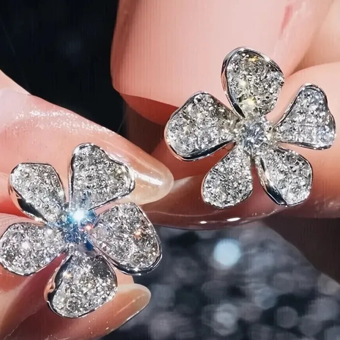 Silver Cubic Zirconia Geometric Flower Stud Earrings for Women