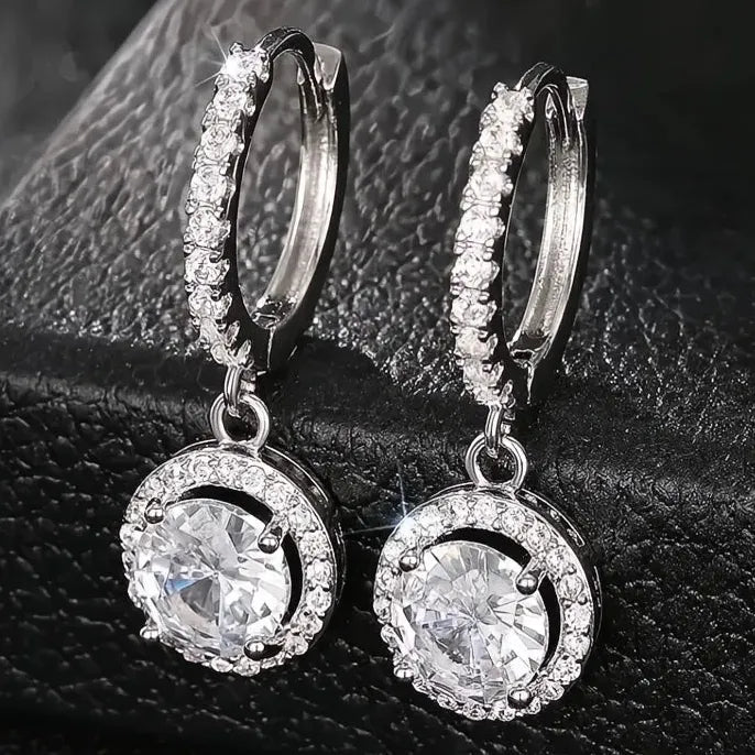 Silver Geometric Drop Earrings with Sparkling Cubic Zirconia for Women
