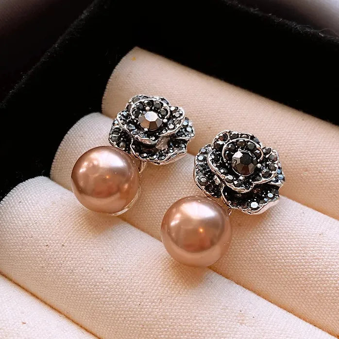Dripping Zircon Pearl Flower Stud Earrings for Women Rhinestone Jewelry Gift