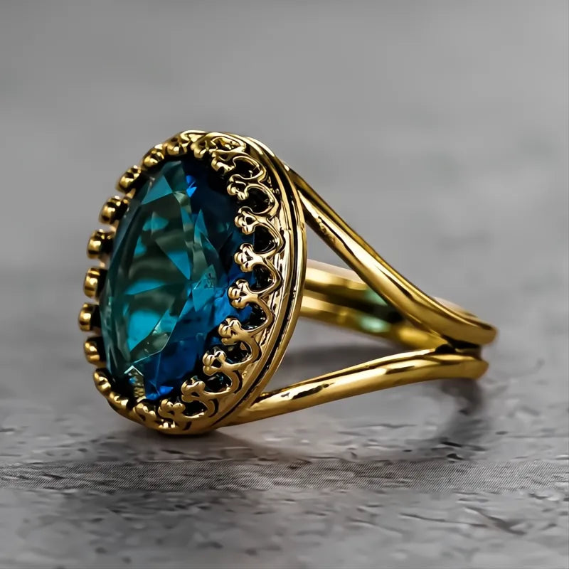 Luxury Gold Color Women Ring with Shiny Oval Blue Cubic Zirconia Elegant Wedding Jewelry