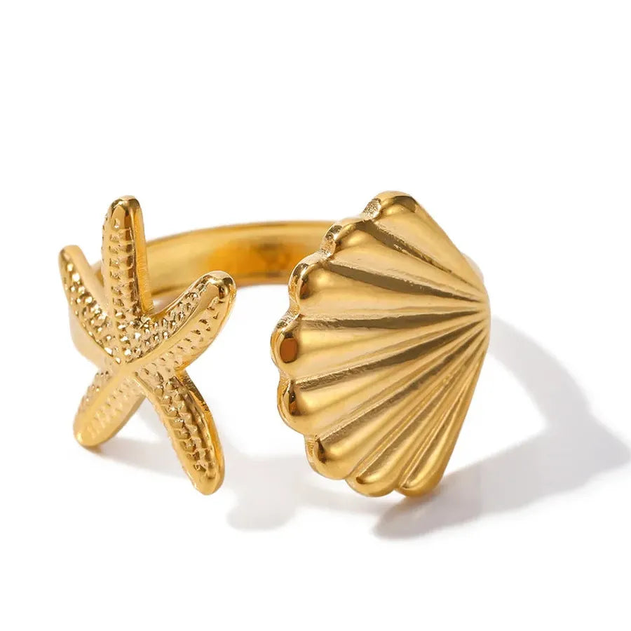 Adjustable Stainless Steel Starfish Ring for Women Men Gold Jewelry Gift