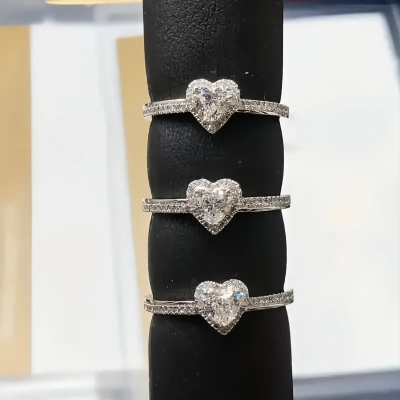 Shiny Silver Heart Ring for Women Cubic Zirconia Brass Wedding Fashion Jewelry Gift
