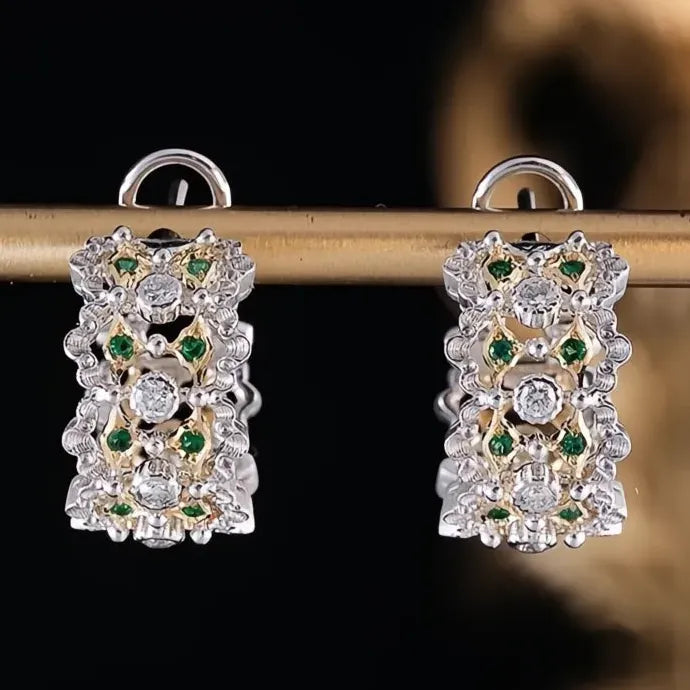 Two Tone Copper Alloy Hoop Earrings with Green Cubic Zirconia for Wedding Party