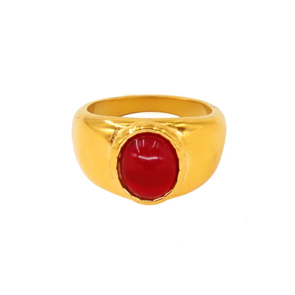 Minimalist Red Crystal Wide Thick Wedding Ring for Women Stainless Steel Gold Engagement Jewelry