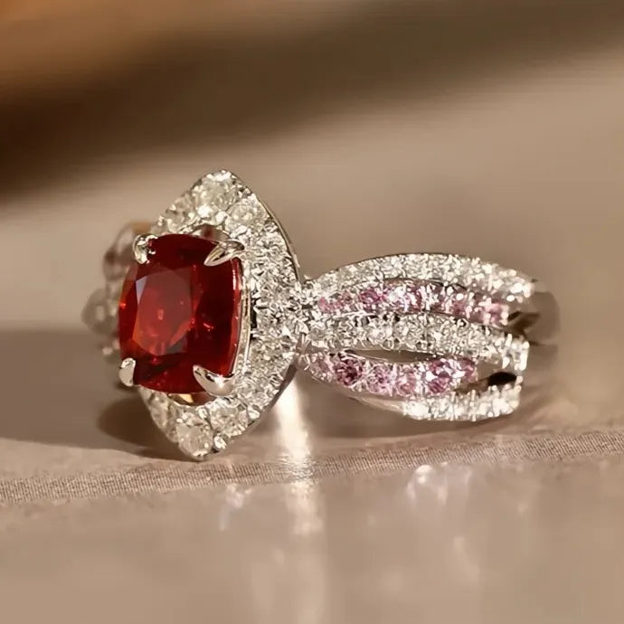 Red Cubic Zirconia Engagement Wedding Party Ring Brass Delicate Jewelry