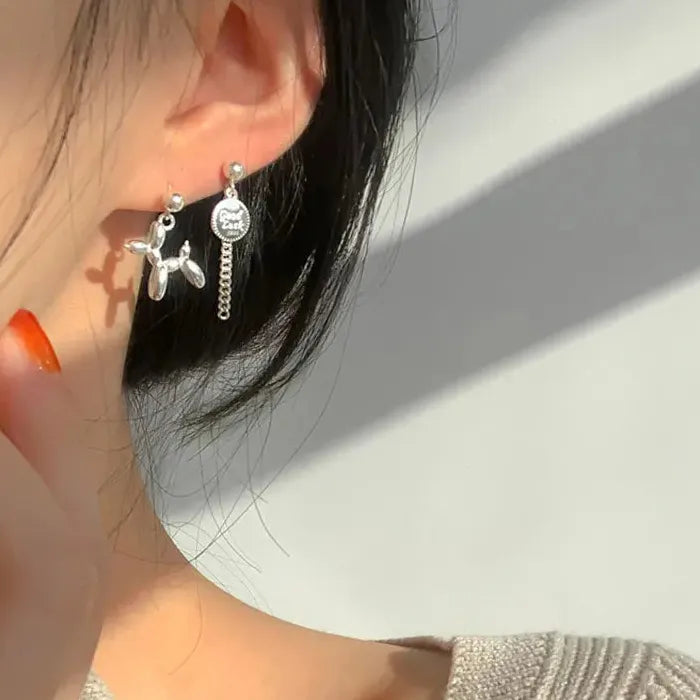 Asymmetrical Silver Balloon Dog Tassel Chain Earrings Zinc Alloy 2000s