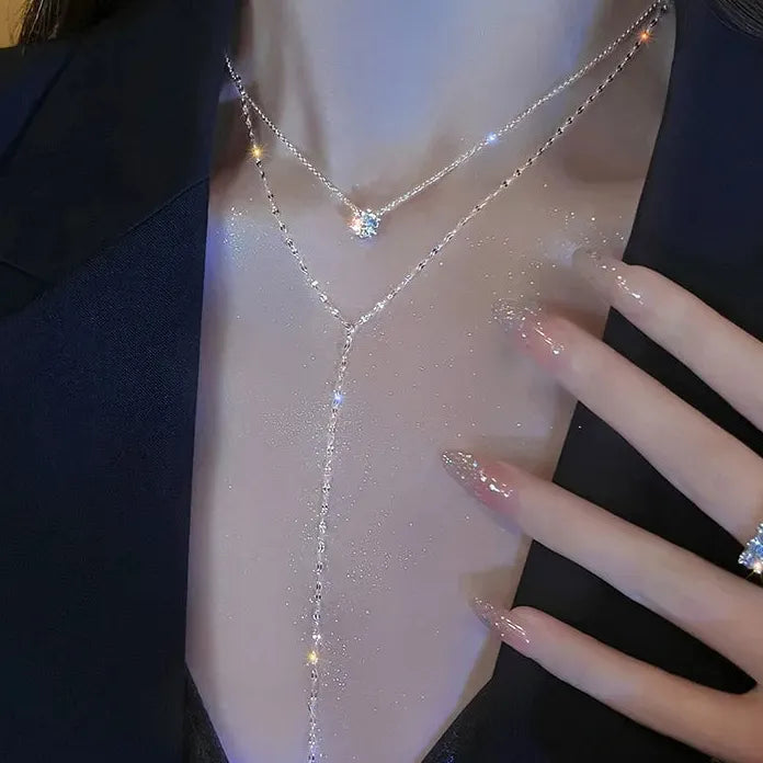 Colorful Crystal Y-Shaped Zinc Alloy Necklace Gold Silver Collarbone Chain