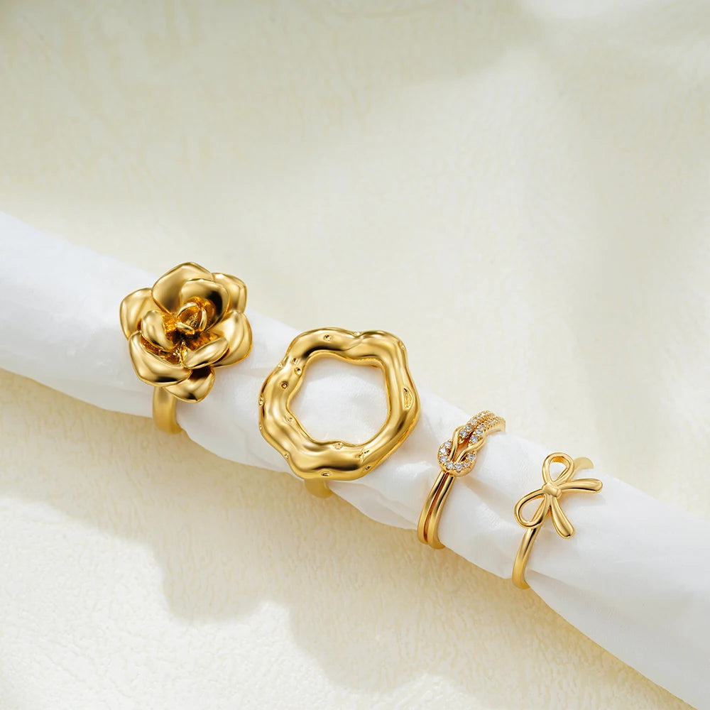 Gold Plated Vintage Flower Petal Hollow Ring Women Zircon Knot Bow Wedding Jewelry