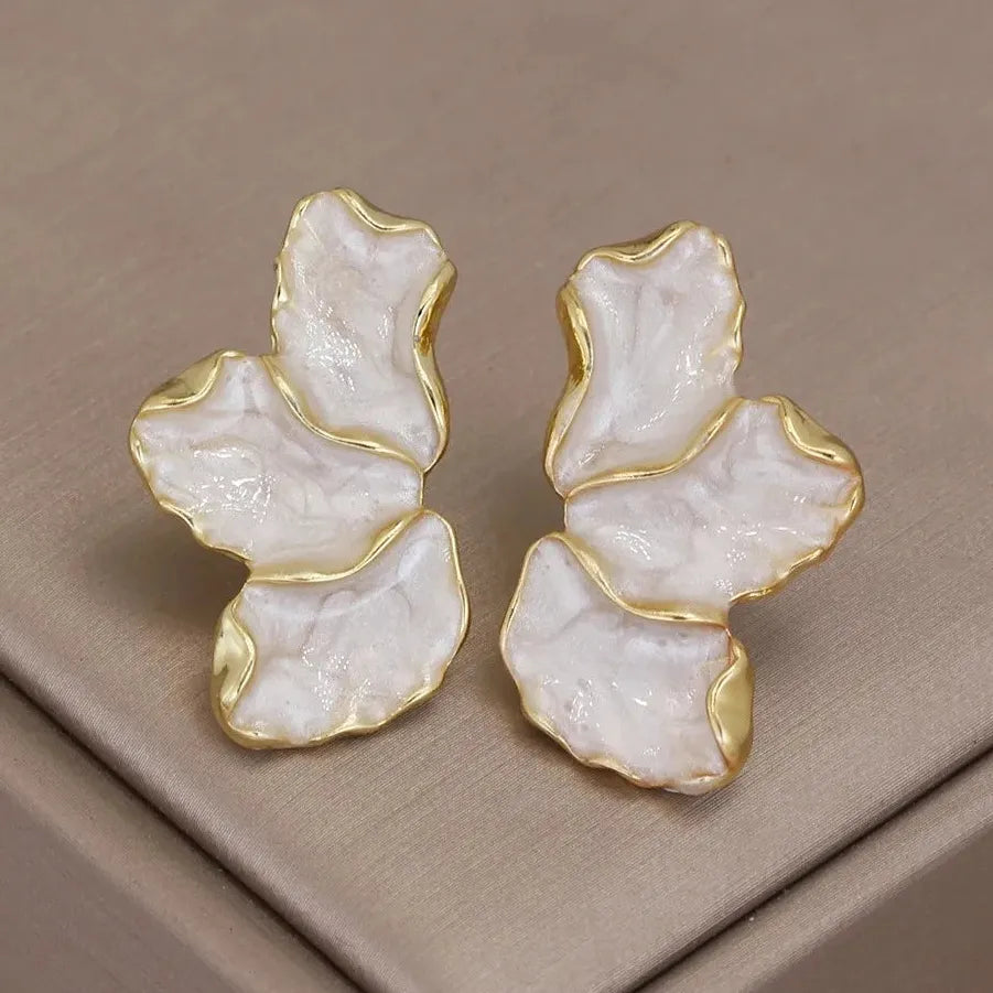 White Enamel Petal Flower Drop Earrings for Women Zinc Alloy Jewelry Gift