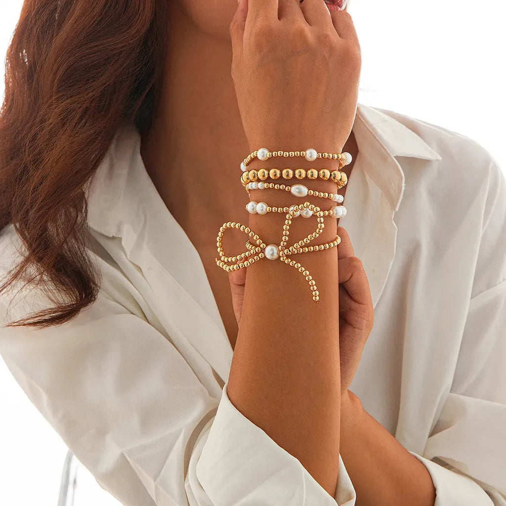 5Pcs Gold Beaded Bracelet Set Bowknot Bangle for Women Jewelry Gift
