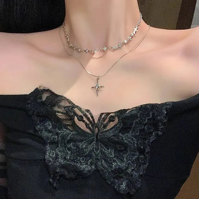 Adjustable Y2K Zinc Alloy Cross Zircon Pendant Necklace for Women Gift