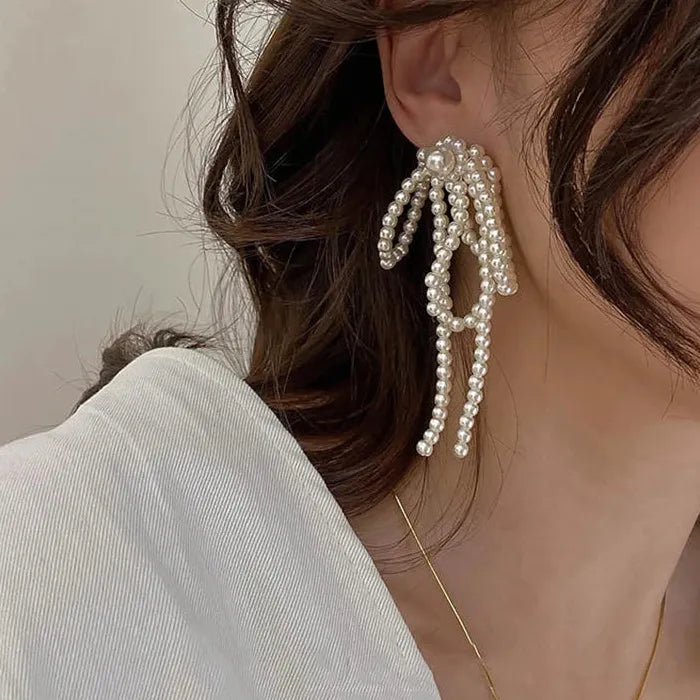 2026 Korean Handmade Zinc Alloy Bow Pearl Tassel Earrings for Women