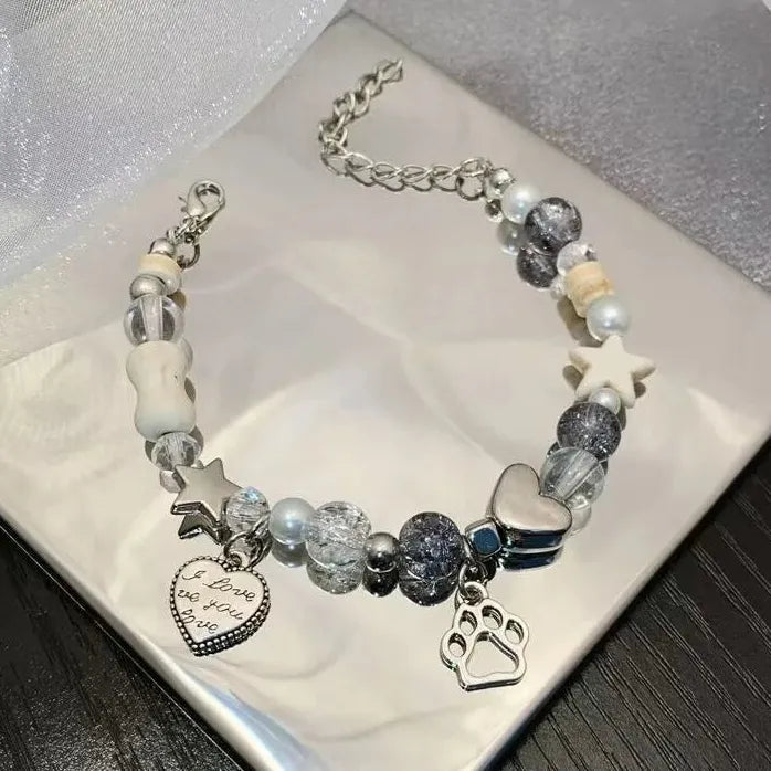 Adjustable Heart Star Cat Paw Bone Beaded Charm Bracelet for Women Gift