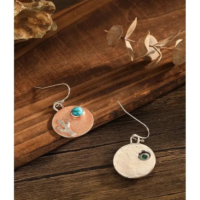 Vintage Silver Zinc Alloy Round Cactus Carved Drop Earrings for Women