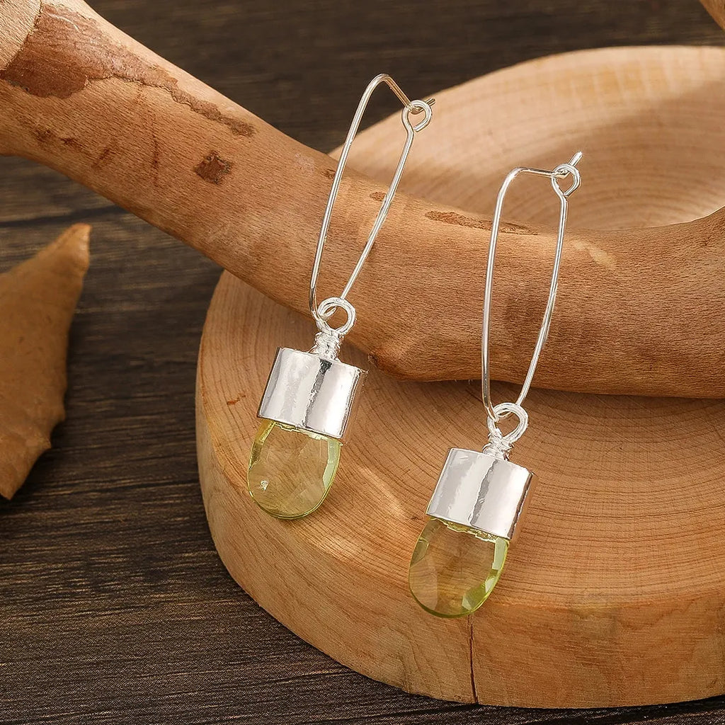 Silver Geometric Drop Earrings with Natural Stone Zinc Alloy Bridal Jewelry Gift