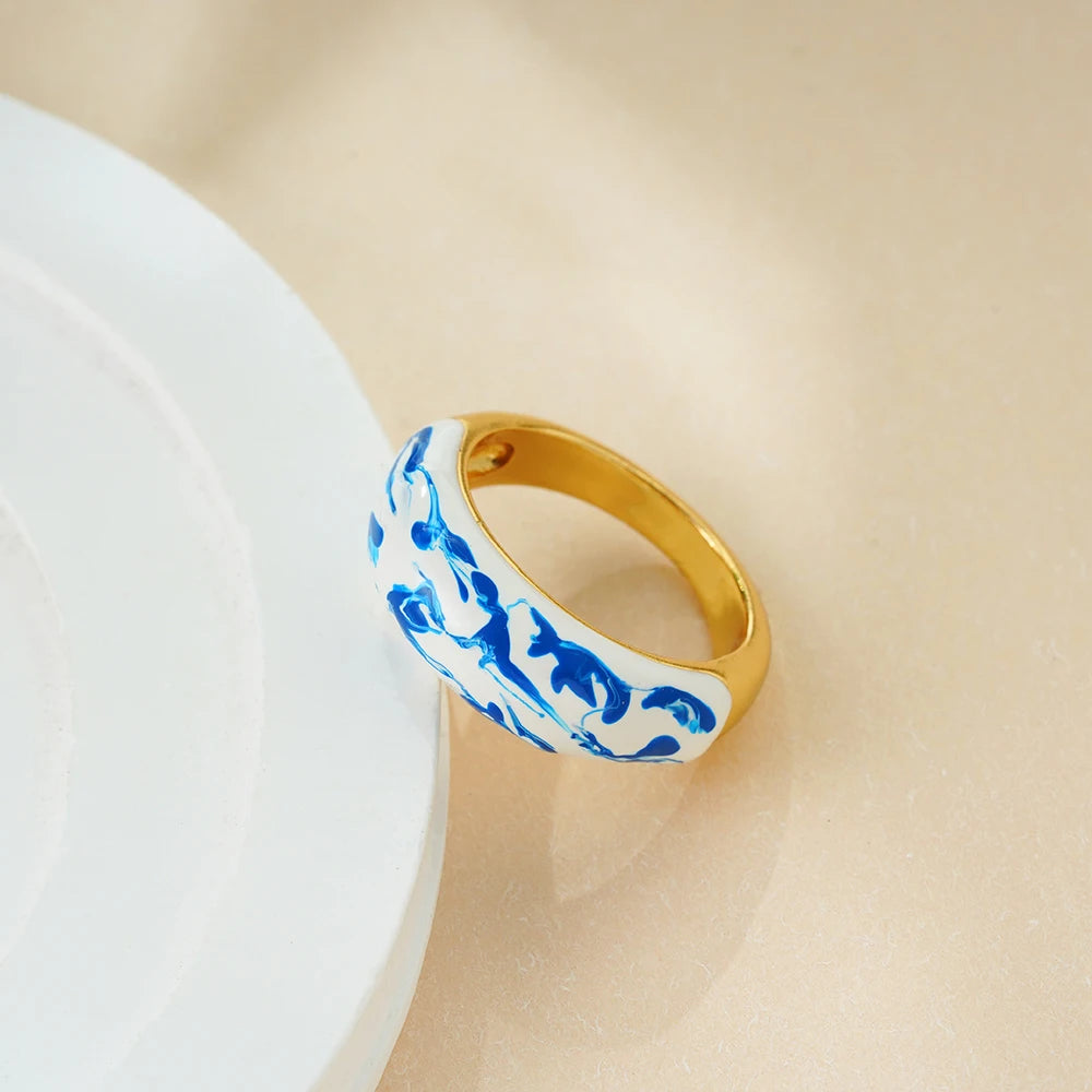 Minimalist White Blue Enamel Circular Knuckle Ring 18K Gold Plated Stainless Steel