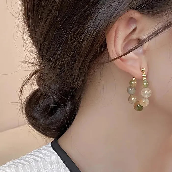 Green Beaded Jade Hoop Earrings for Women Zinc Alloy Jewelry