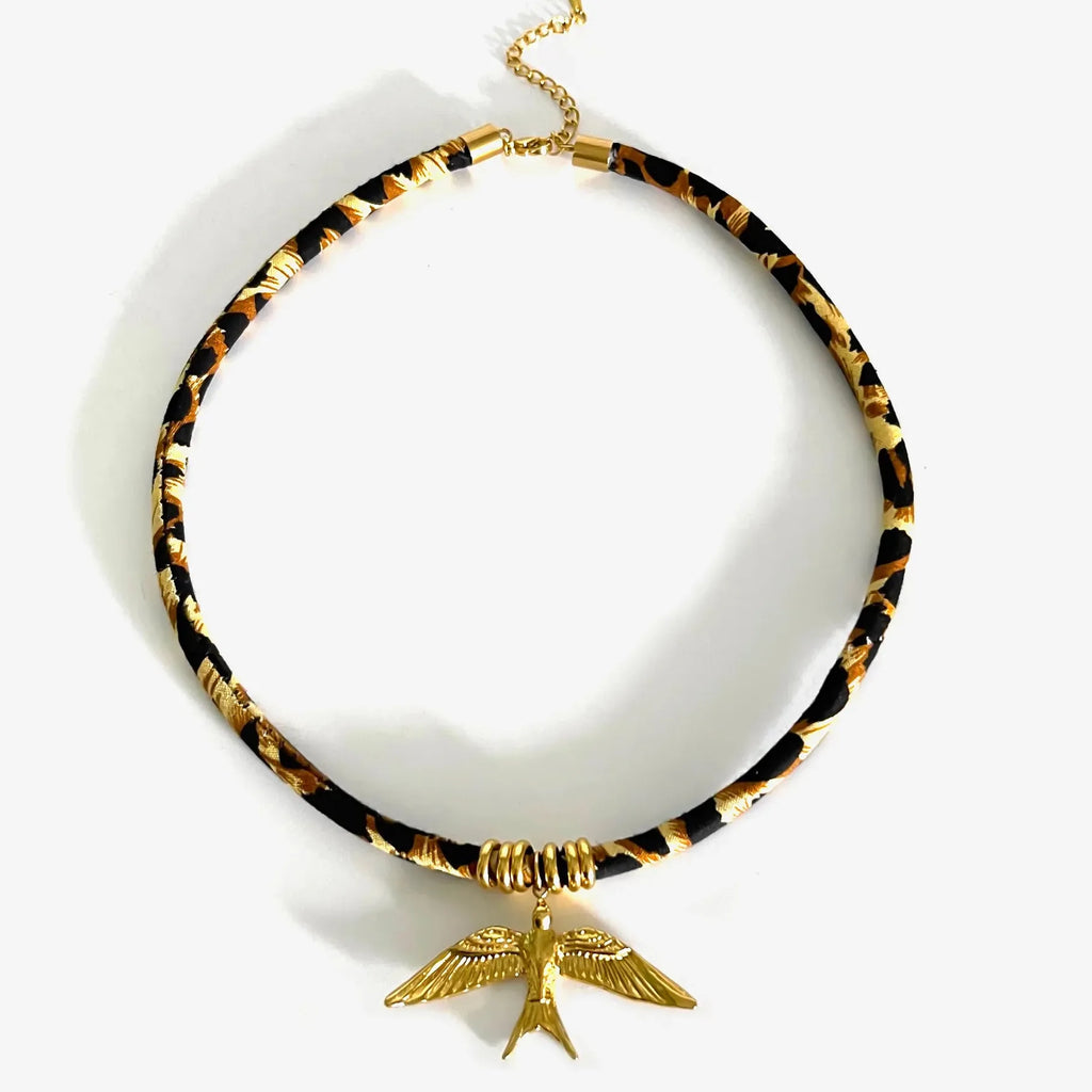 Adjustable Leopard Print Cord Necklace with Zinc Alloy Fish Bird Pendant Choker Gift