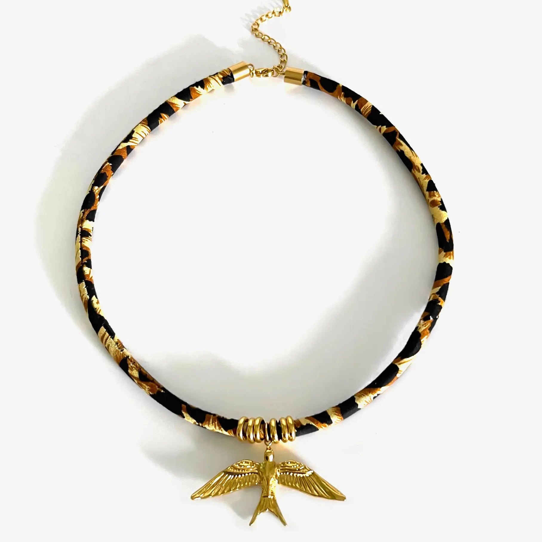 Adjustable Leopard Print Cord Necklace with Zinc Alloy Fish Bird Pendant Choker Gift