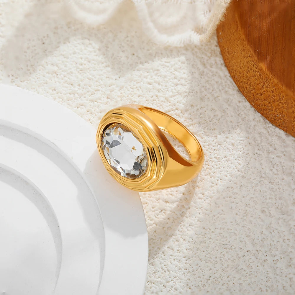 Stainless Steel Gold Plated Oval Crystal CZ Punk Chunky Wedding Ring Gift