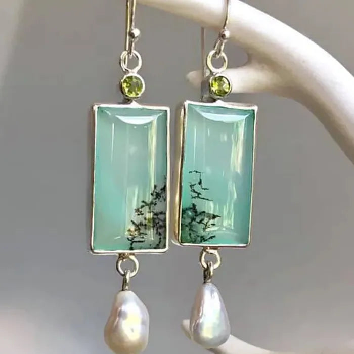 Vintage Geometric Resin Drop Earrings Antique Silver Pearl Pendant Gift