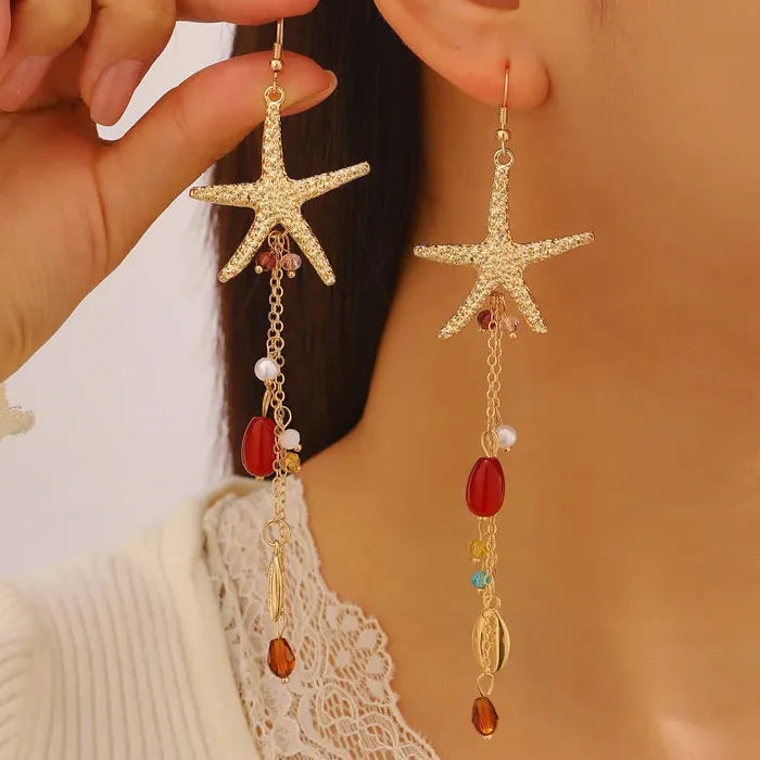 Boho Starfish Shell Jewelry Set Zinc Alloy Crystal Bead Necklace Earrings