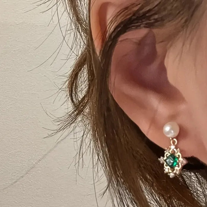 Copper Alloy Green Cubic Zirconia Drop Earrings with Removable Pearl for Women