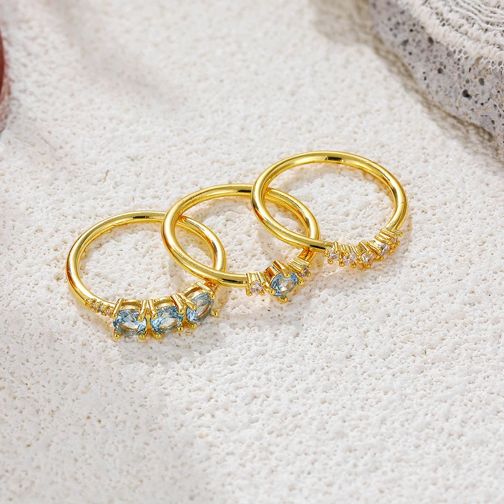 3 Pair Gold Plated Blue Crystal Zircon Rings Bride Wedding Jewelry Accessories