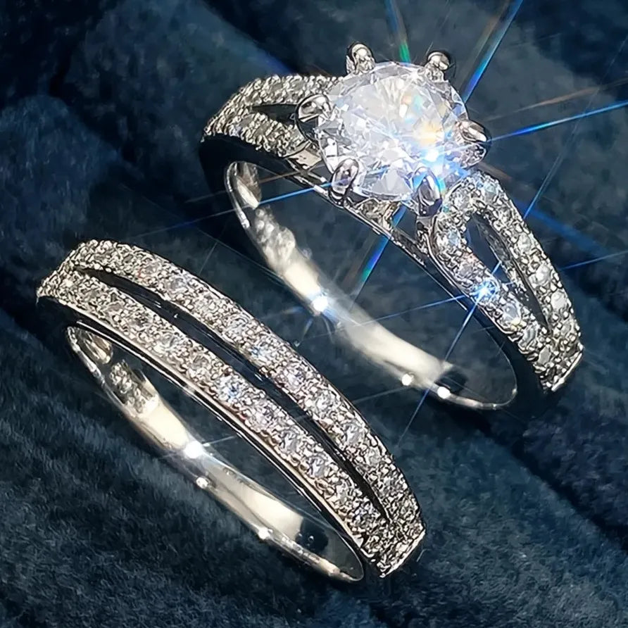 Luxury Wedding Rings for Women Iced Out AAA Cubic Zirconia Band Set