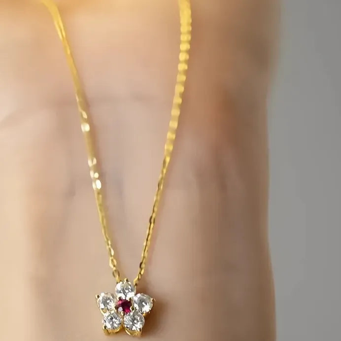 Geometric Flower Pendant Necklace with Red Cubic Zirconia for Women Party
