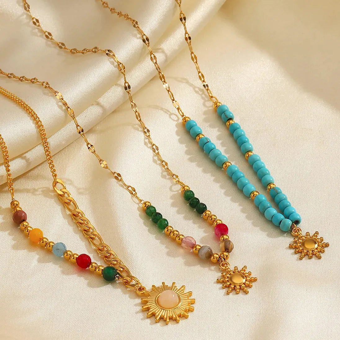 Boho Handmade Pink Opal Beads Necklace Stainless Steel Sun Pendant Chain Jewelry