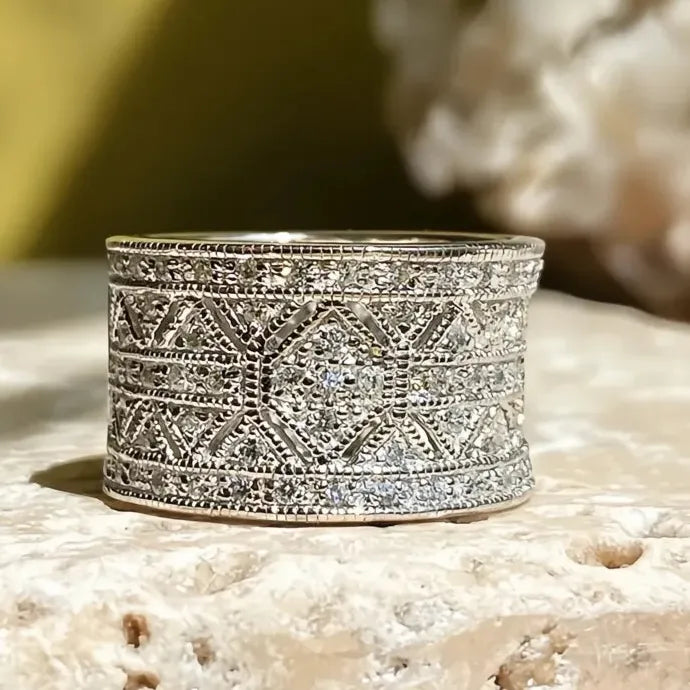 Women Silver Wide Wedding Ring Cubic Zirconia Fashion Jewelry Brass
