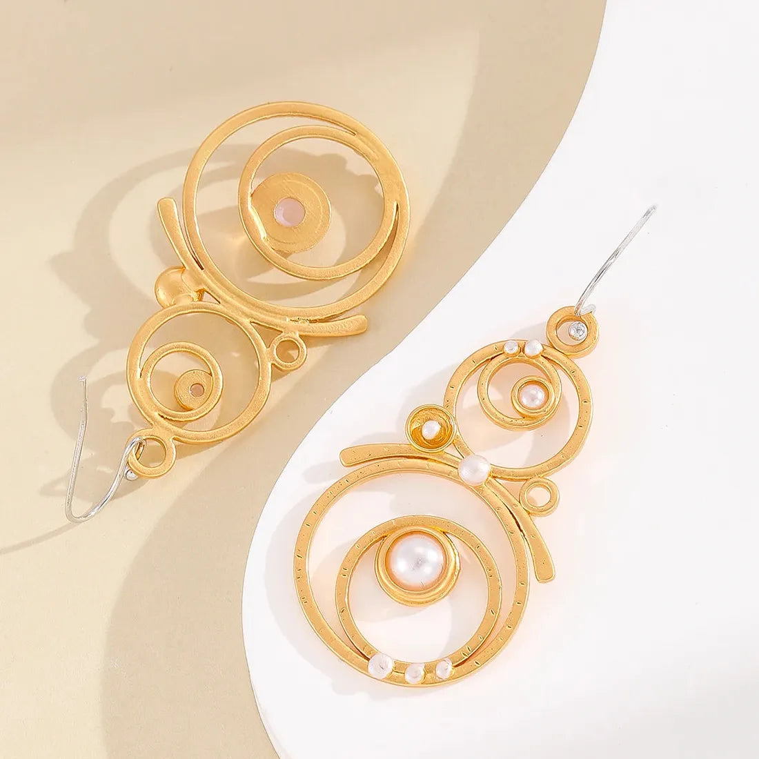 Handmade Bohemian Round Imitation Pearl Earrings Metal Carved Pendant Jewelry