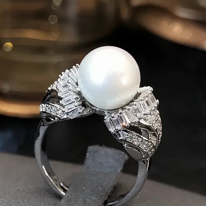 Simulated Pearl Cocktail Ring with Cubic Zirconia Brass Engagement Gift