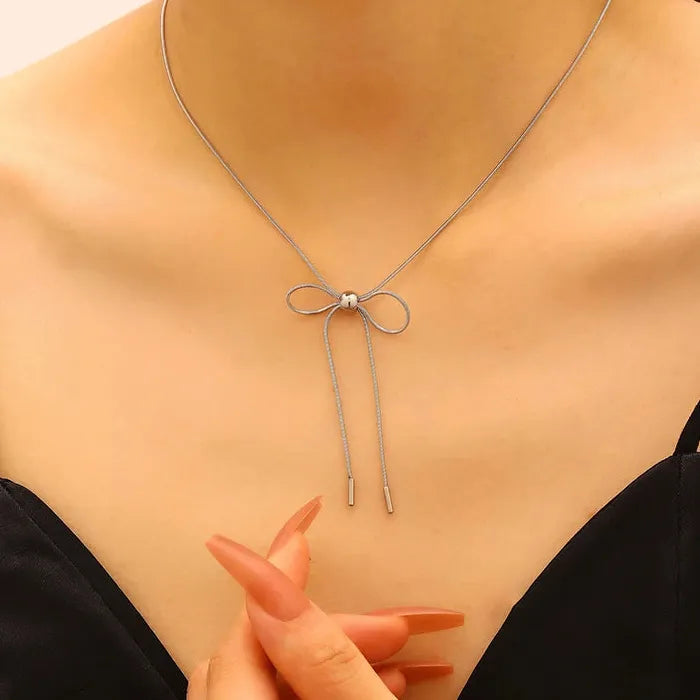 Vintage Stainless Steel Bow Earrings & Pendant Necklace Set for Women