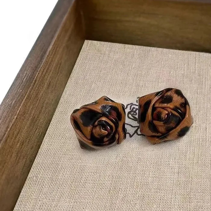Leopard Print Leather Flower Stud Earrings Retro Geometric Gift Women