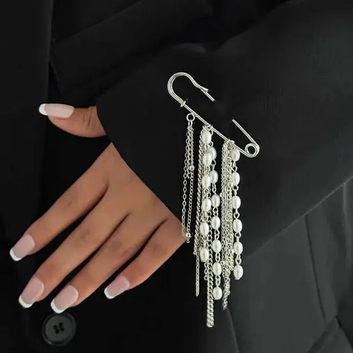 Geometric Punk Imitation Pearl Bead Brooch Zinc Alloy Pendant for Women Men